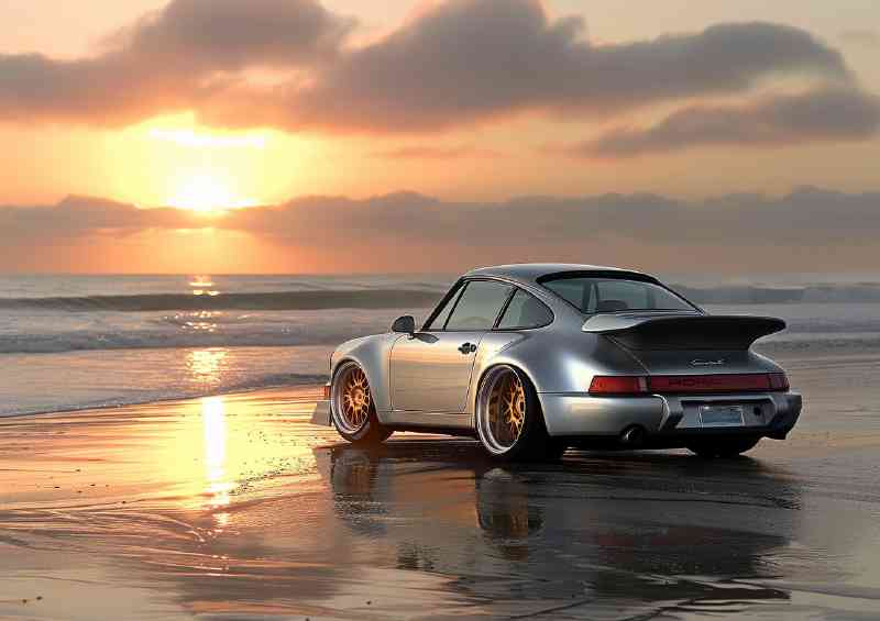 Widebody Porsche 964 beach at sunset gold