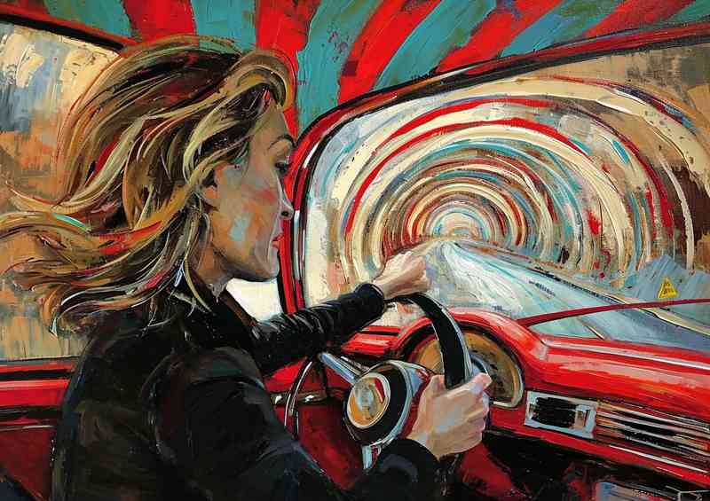 Woman driving through colourful tunnel