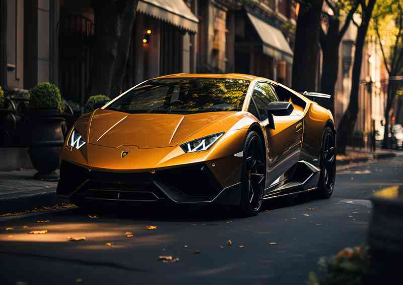 Yellow Lamborghini sports car parked along the road