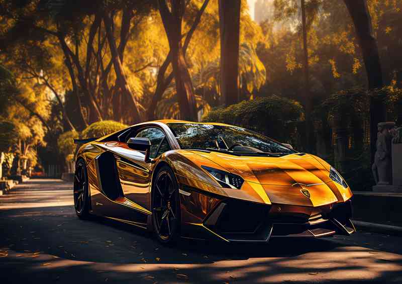 Yellow super car parked next to the trees