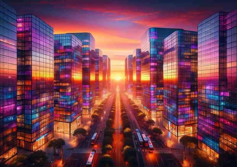 Cityscape at dawn where buildings made entirely of colorful
