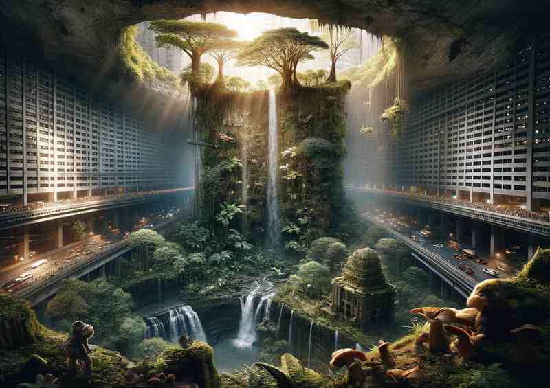 lush jungle in a vast cavern of a modern city