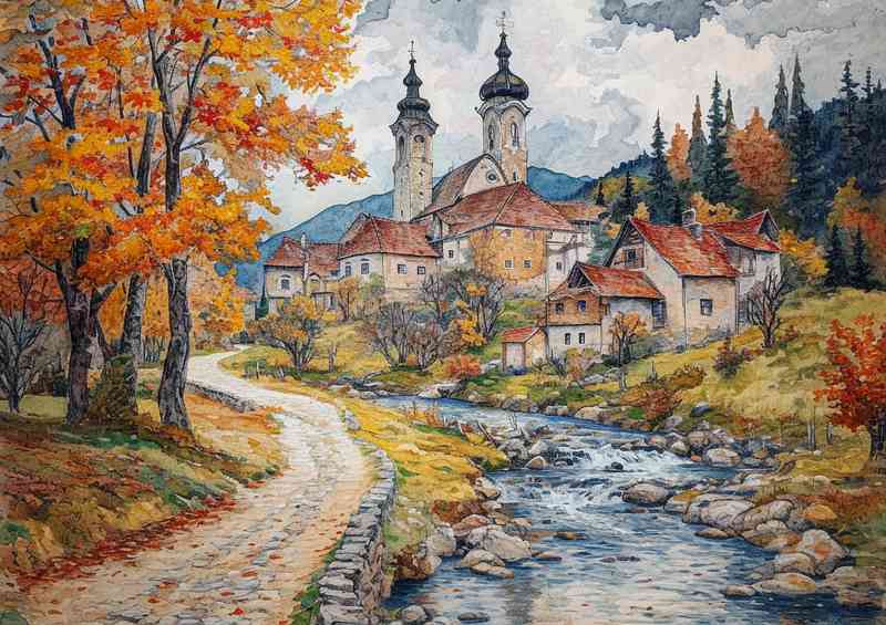 Art Nouveau painting stream and village Romaina