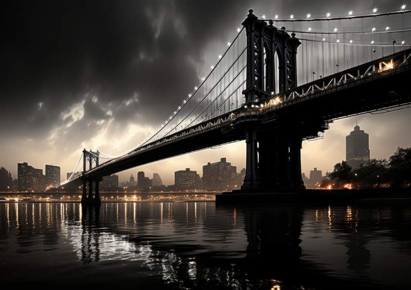 Black and white image of the Brooklyn Bridge