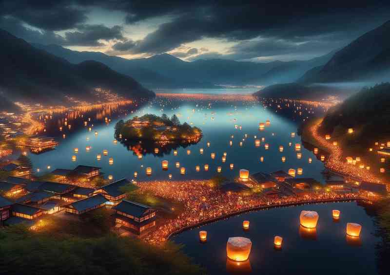 Tranquil beauty of a lantern festival on a mountain lake