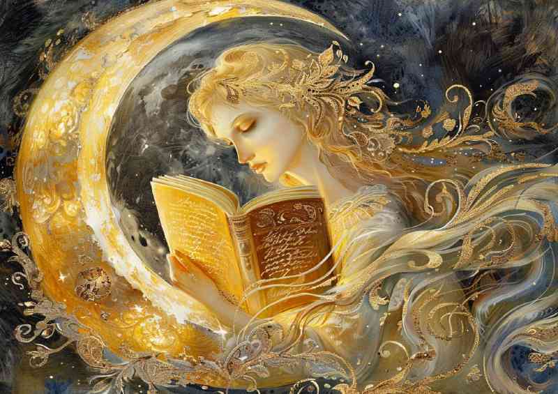 A woman reading a book in the moon on her hands