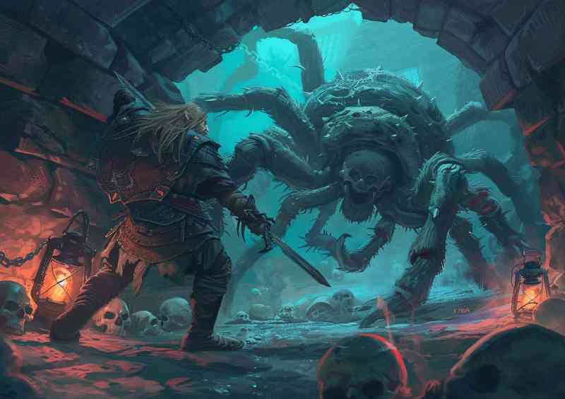Barbarian Viking fighting the giant Spider