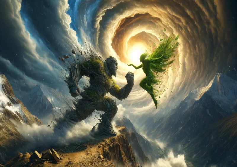 Battle between an Earth golem and a Wind sylph