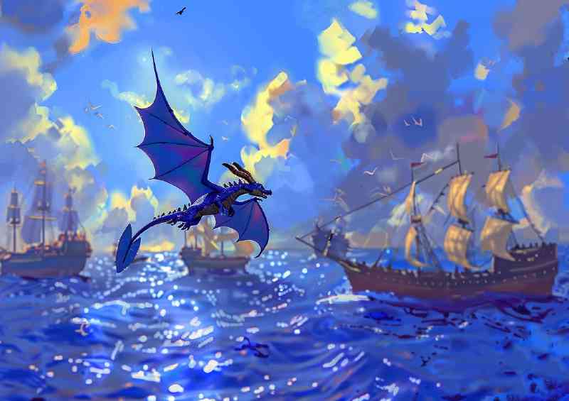 Blue Dragon flying over the sea with ships