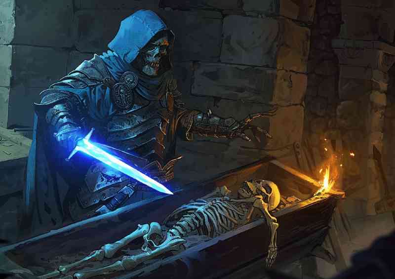 Blue cloaked and hooded Skeleton with a glowing sword