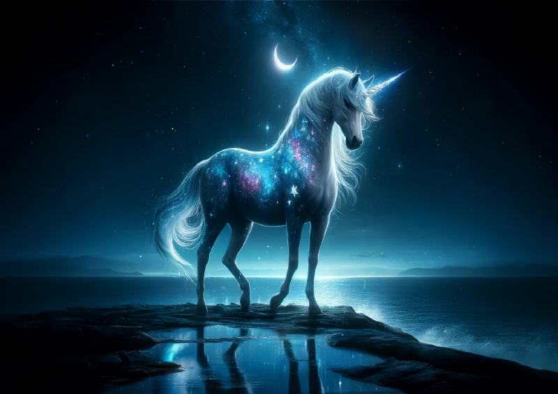 Celestial Unicorn shimmering with starry blue and silver