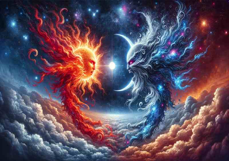Celestial battle between a Sun spirit and a Moon specter