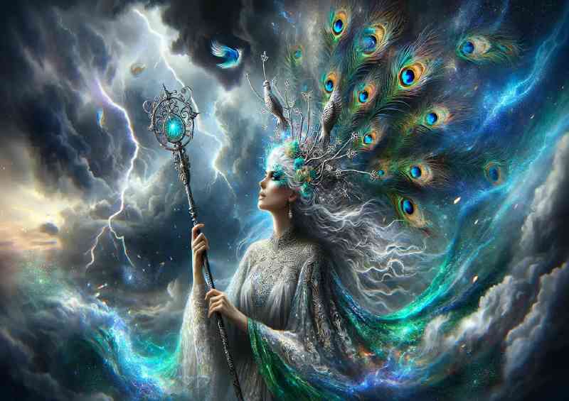 Celestial goddess flowing silver hair peacock feather crown