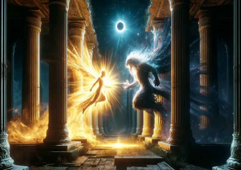 Clash between a light elemental and a shadow beast