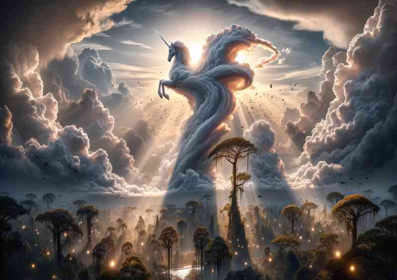 Clouds form the shape of a mystical unicorn in the sky