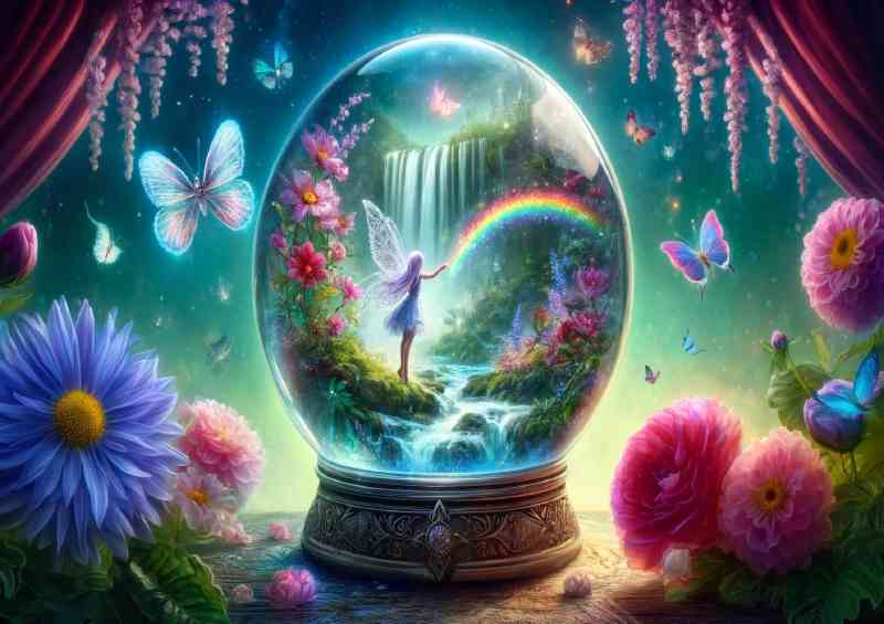 Crystal globe capturing a magical world with a delicate fairy dancing