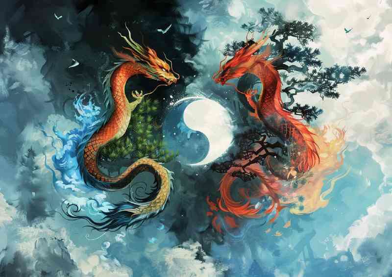 Dragon and Phoenix coiled around the yin yang symbol