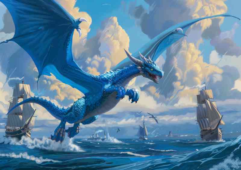 Dragon flying over the sea with ships