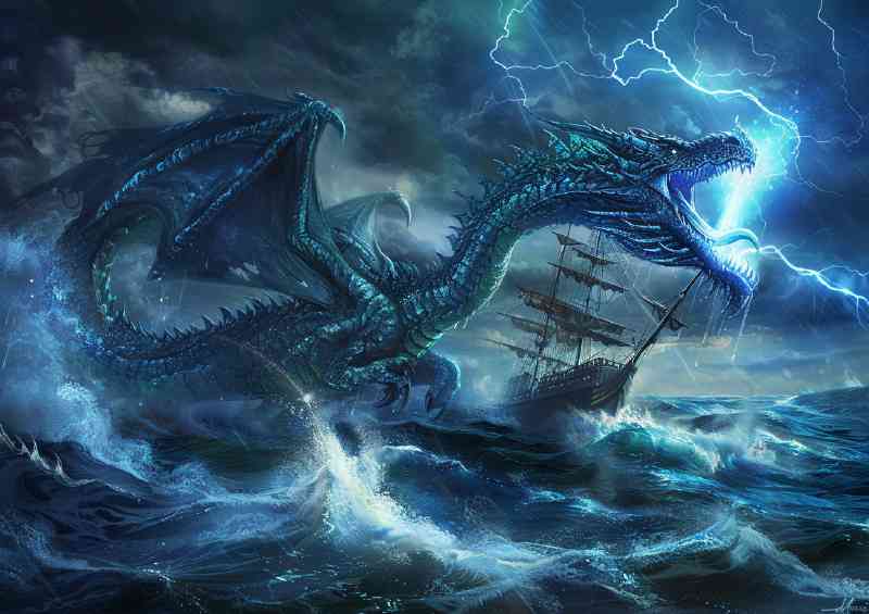 Dragon in the sea its body wrapped around an old sailing ship