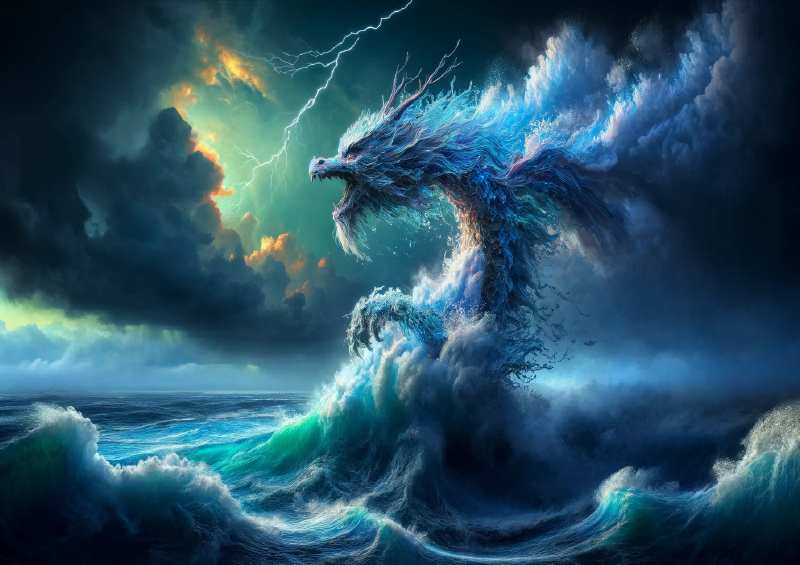 Dragon made of flowing water soaring above an ocean