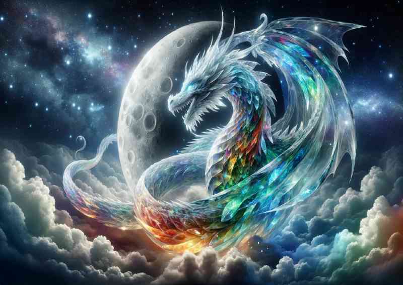 Dragon made of translucent crystal moon in the night sky