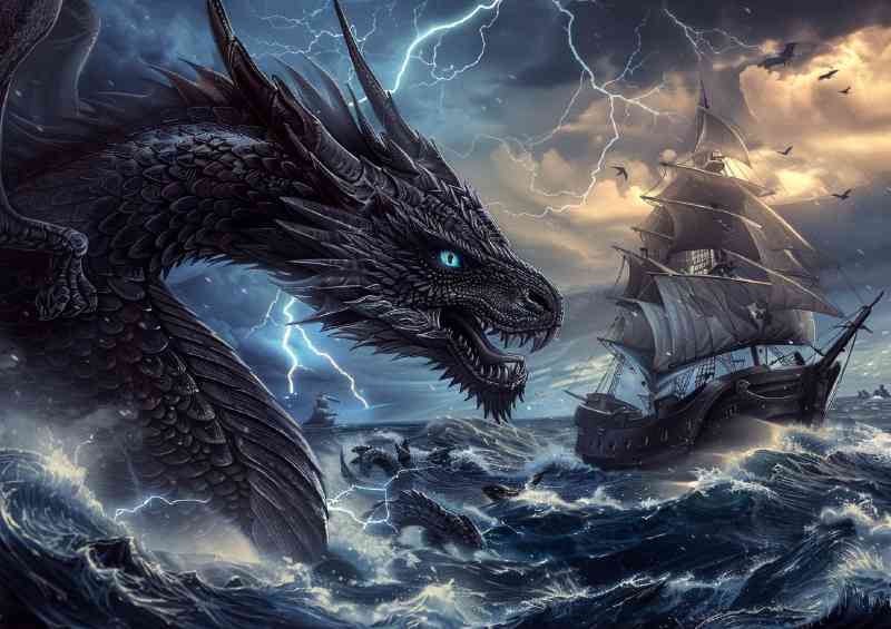 Dragon with blue eyes and black scales in the sea