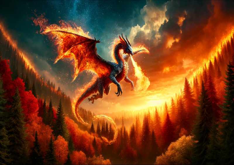 Dragon wrapped in flames soaring above a forest ablaze