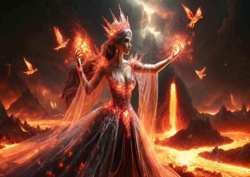 Enchantress clad in a fiery crystal with a volcanic eruption