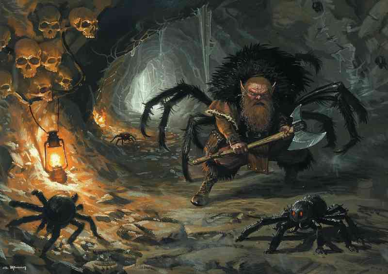 Fantasy Dwarf fighting monster spiders