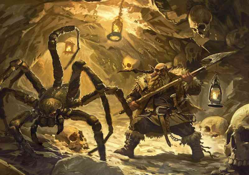 Fantasy Dwarf wearing furs and wielding an axe fighting