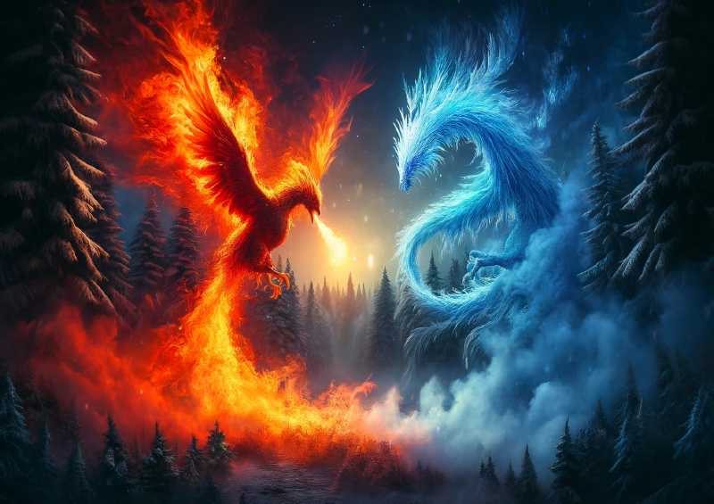 Fiery phoenix and an Ice dragon set in a mystical forest