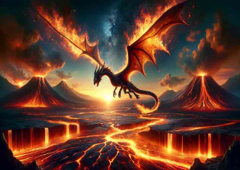 Fire Dragon soaring above a volcanic its wings casting flames