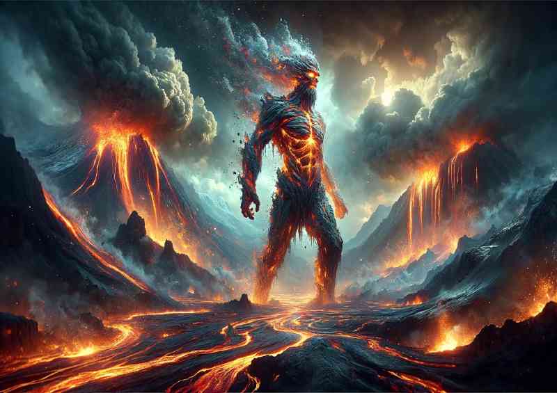 Fire giant his body sculpted from flowing lava and molten rock