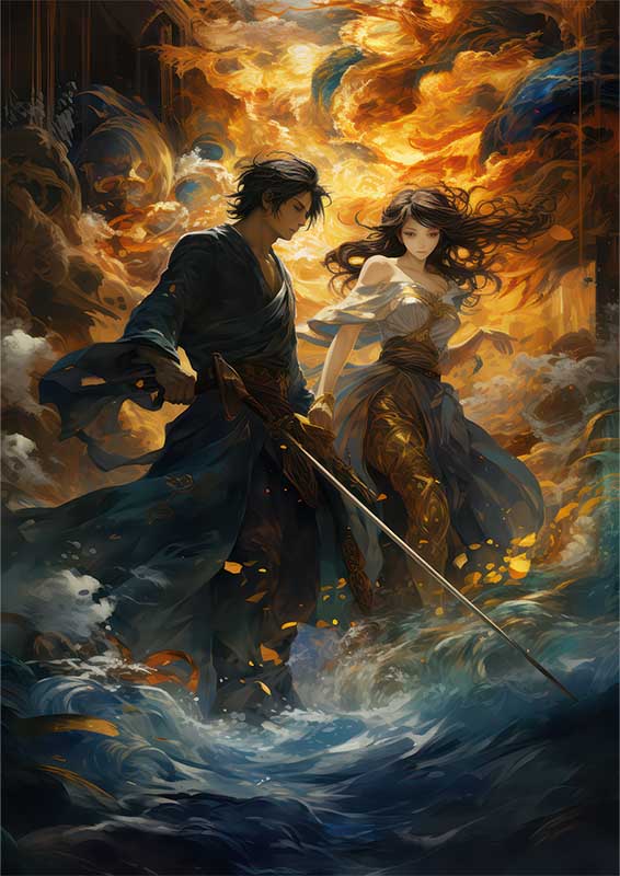 Characters in the water holding swords