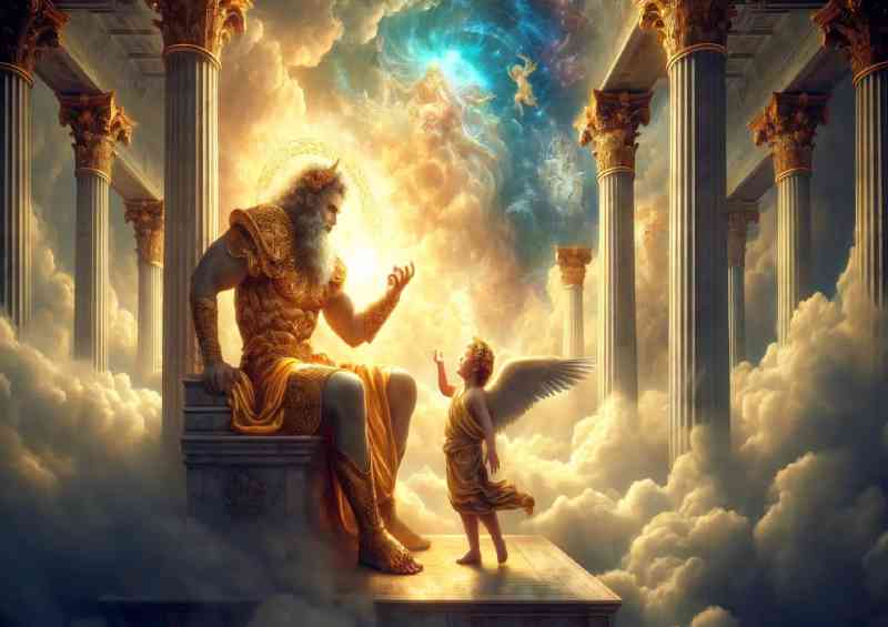 God like figure muscular and adorned in golden armor