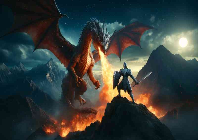 Heroic knight dueling a colossal fire breathing dragon