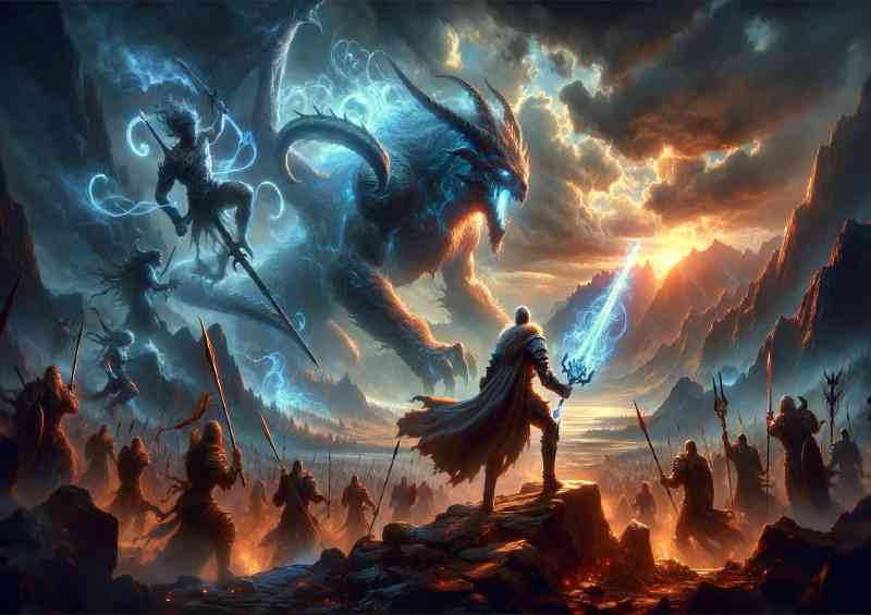 Heroic stand against a mythical beast with the central figure
