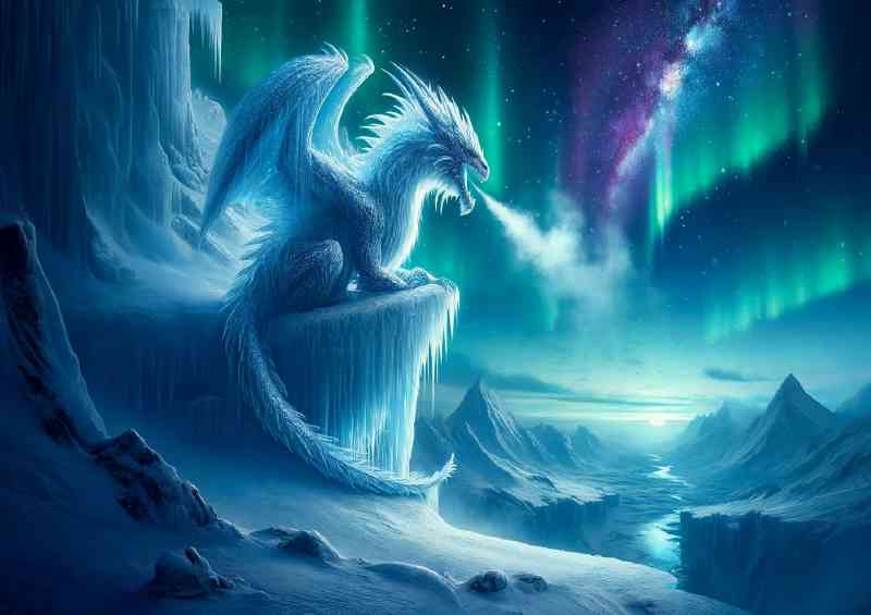 Ice Dragon perched on a snow covered cliff its chilling mist