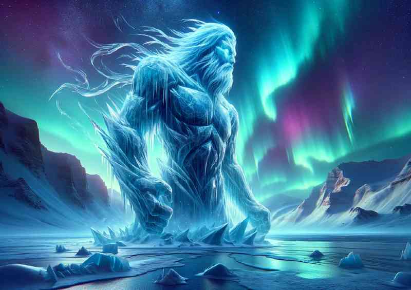 Ice giant carved from glacial ice under the aurora borealis