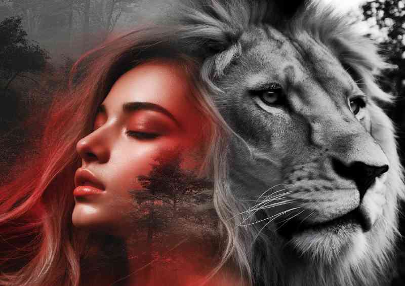 Striking juxtaposition of a woman s face and a lion