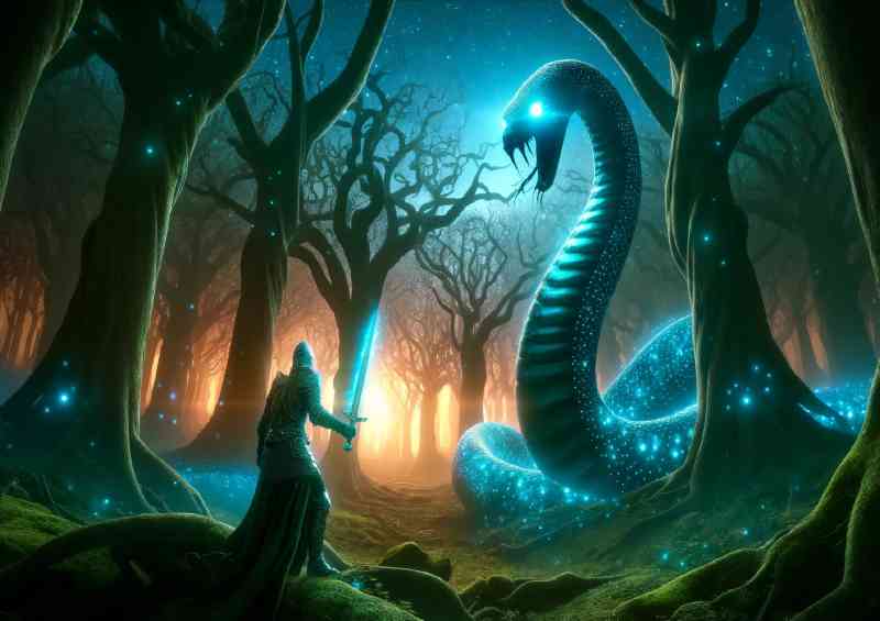 Knight confronting a giant serpent in a mystical forest at dusk