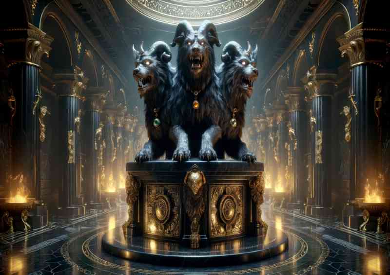 Majestic Cerberus three headed guardian of a treasure vault