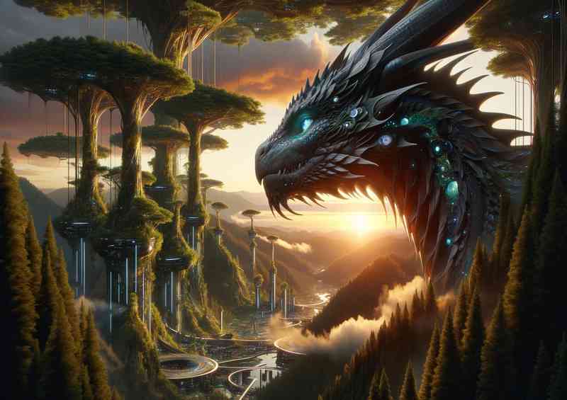 Majestic dragon set in a lush futuristic landscape