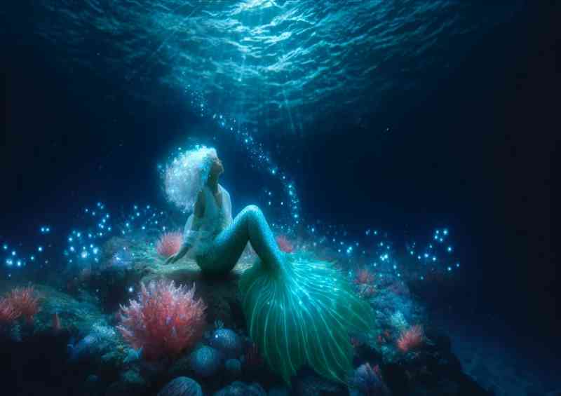 Mermaid with pearlescent white hair and a shimmering aqua tail