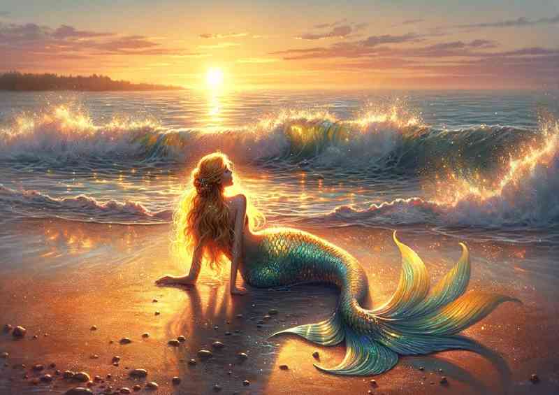 Mermaid with radiant golden hair the sandy shore at sunrise