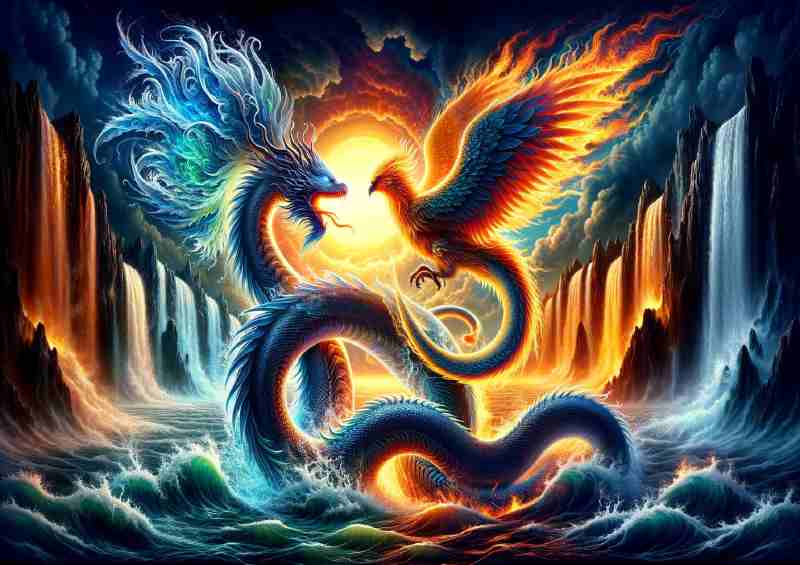 Mystical Serpent and a radiant phoenix encircling each other