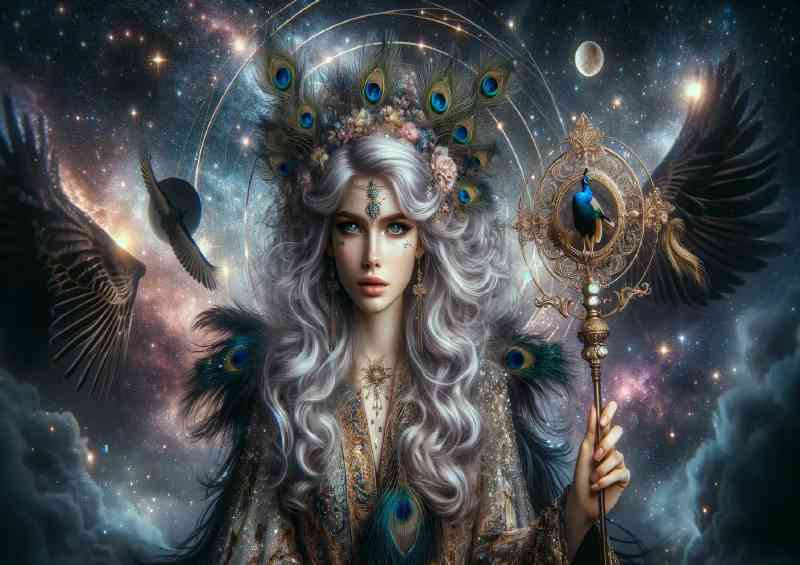 Mythical Goddess with flowing silver hair she holds an ornate staff
