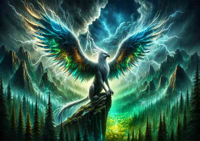Mythical Griffin perched on a cliff under a stormy sky