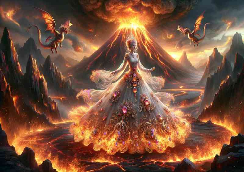 Mythical queen with a gown made of flames and precious gems