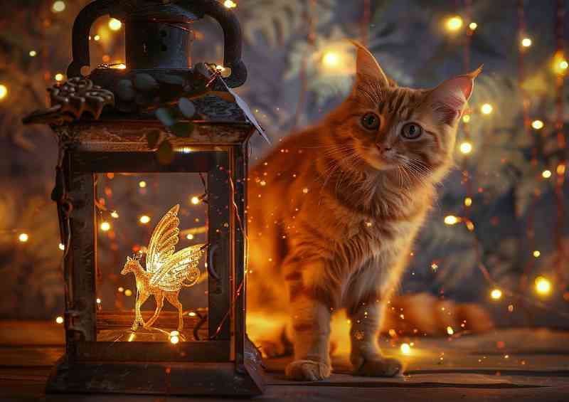 Orange Cat is standing next to an open lantern